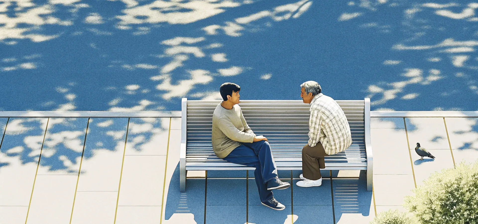 Cancer patient and friend on park bench finding support.